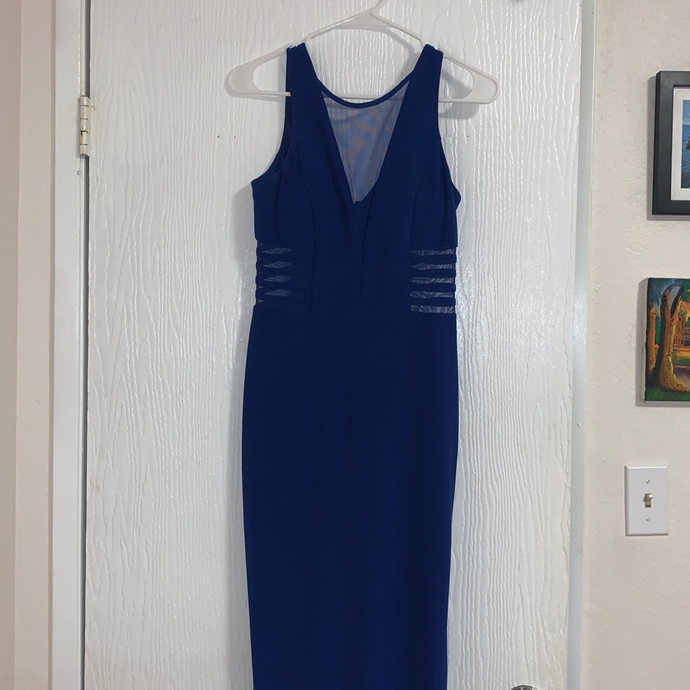 Nightway midnight blue midi cutout sheer dress, 4